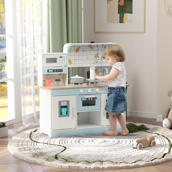 Cozinha de Madeira para Crianças com Sons Lavatório Micro - Ondas Máquina de Gelo e Acessórios 88,6x31,7x90,4 cm Branco