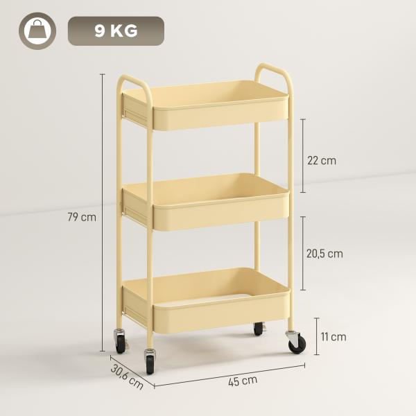 Carrinho Auxiliar com Rodas de 3 Níveis Carrinho de Cozinha com 3 Cestos e 2 Pegas 45x30,6x79 cm Amarelo