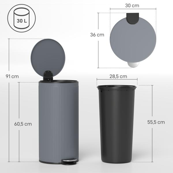 Balde do Lixo para Cozinha com Pedal 30L Cubo de Lixo Metálico com Tampa de Fecho Suave e Balde Removível 36x30x60,5 cm Cinza