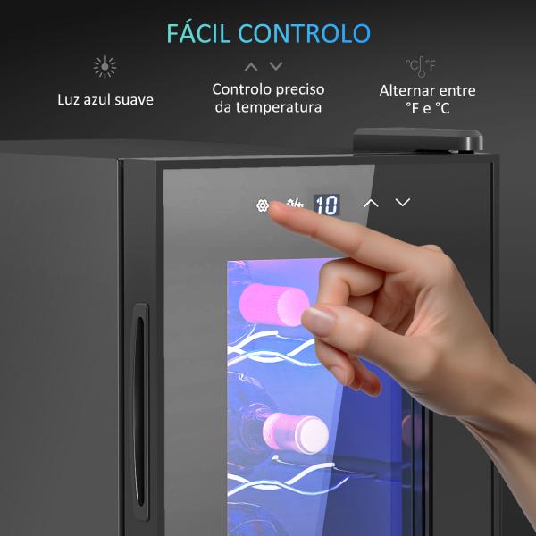 Cave de Vinho para 6 Garrafas com Luz LED Ecrã Tátil Controlo de Temperatura e 2 Prateleiras Ajustáveis 26,5x51,5x39,3 cm Preto