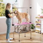 Mesa de Tosquia para Cães Dobrável Mesa de Higiene com Prateleira Metálica Superfície Antiderrapante 107x60x164 cm, Rosa