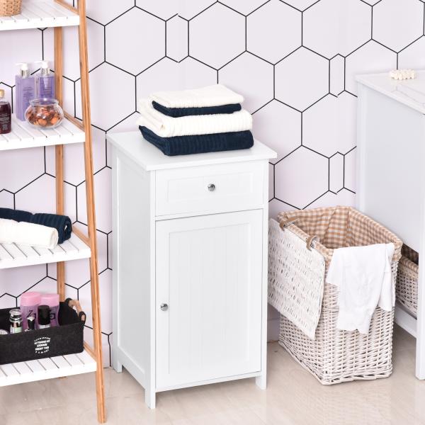 Armário de Casa de Banho com 1 Gaveta 1 Porta e Prateleira Interior Ajustável Móvel Auxiliar de Armazenamento para Sala de Estar Cozinha 43x34x77cm Branco