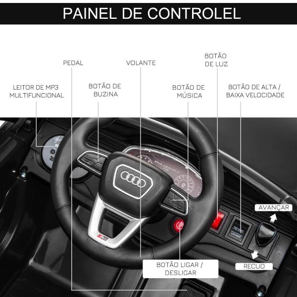 Carro Elétrico Infantil para Crianças de 3 - 5 Anos Licença Audi RS Q8 com Bateria 6V Controle a Distância Música MP3 Buzina e Luzes Velocidade Máx. 3km/h 101x62x51cm Preto
