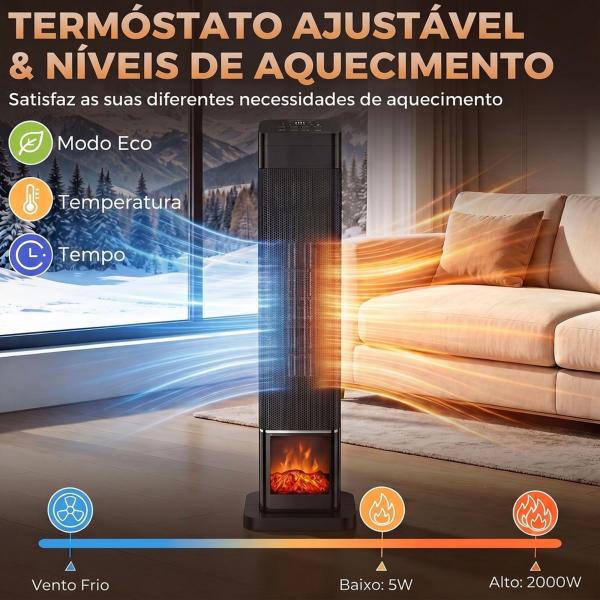 Aquecedor Elétrico Cerâmico PTC 2000W com 4 Modos, Chama Dinâmica, Comando, Oscilação 70° e Proteção contra Sobreaquecimento