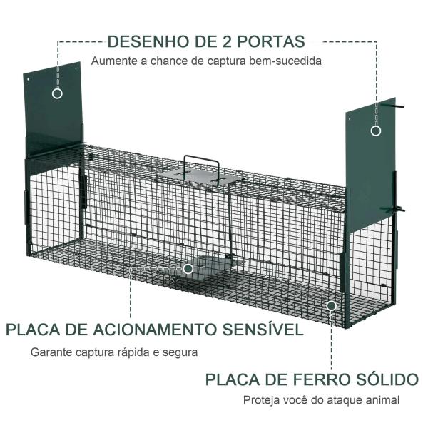 Armadilha com 2 portas para animais vivos Gaiola de captura de metal com alça 100x25x28 cm Verde escuro
