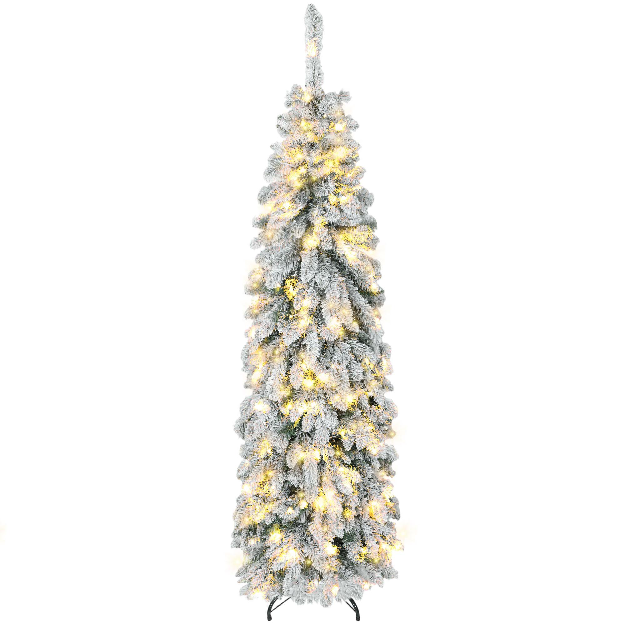 Árvore de Natal Estreita 180 cm Árvore de Natal Nevada com Luzes LED Temporizador 11 Modos de Iluminação Verde
