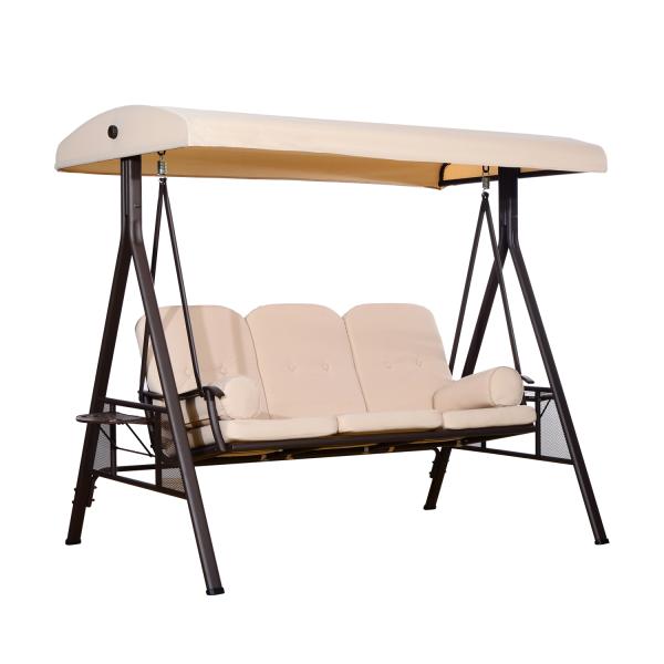 Banco Baloiço de Jardim de 3 Lugares com Teto 2 Almofadas Suporte para Bebidas e Estrutura de Metal para Terraço Balcão Exterior Carga Máxima 360kg 207x120,5x174cm Bege