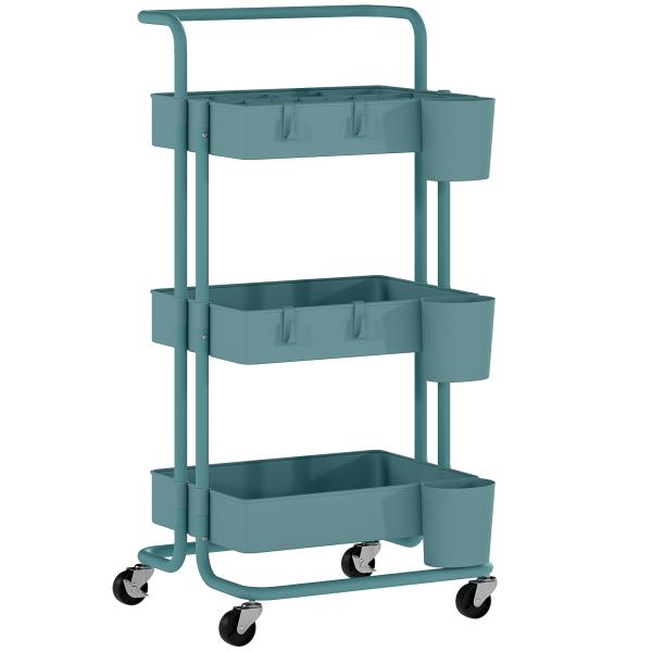 Carrinho de Cozinha Carrinho de Armazenamento com 4 Ganchos 3 Cestas Removíveis 3 Caixas Suspensas 42x38x86,5cm Preto