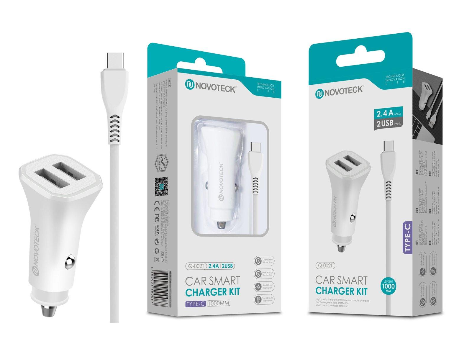 Kit Carregador Automóvel Inteligente 2.4A 2 USB Branco com Cabo Type-C Q-002T