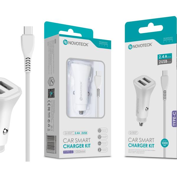 Kit Carregador Automóvel Inteligente 2.4A 2 USB Branco com Cabo Type - C Q - 002T