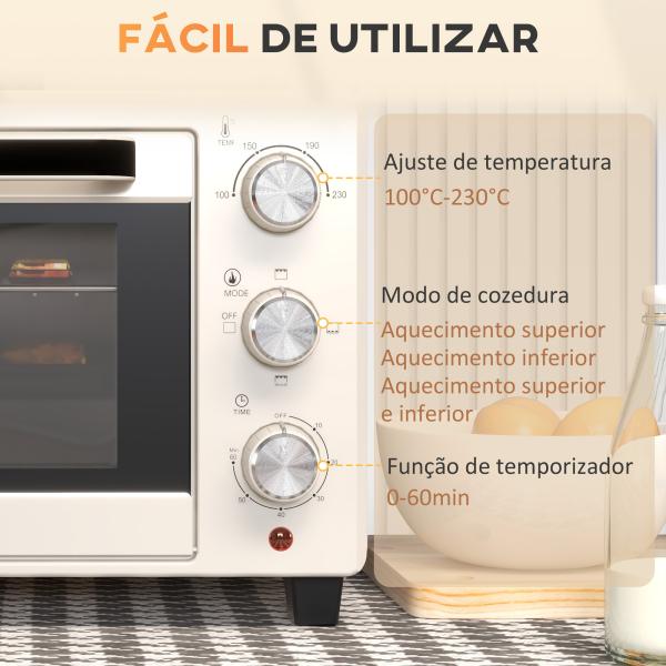 Mini Forno Elétrico 21L 1400W com Temporizador até 60min e Temperatura Ajustável até 230℃ 46x38,5x29 cm Creme e Prata