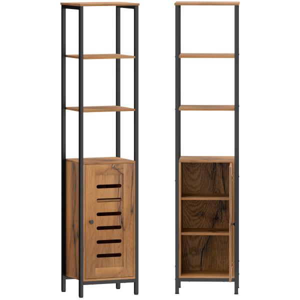 Coluna Casa de Banho Armário Alto Casa de Banho Estreito com Porta de Ripas Prateleiras Ajustáveis 37x30x167 cm Castanho Rústico