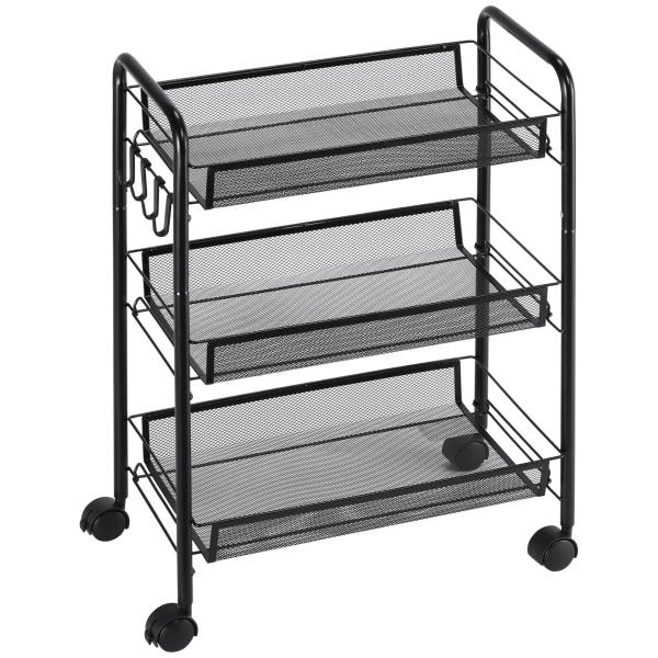 Carrinho de Cozinha em Aço com 3 Cestos e Rodas, Suporta 9 kg, Cozinha, Casa de Banho e Lavandaria 45x26,5x63 cm, Preto