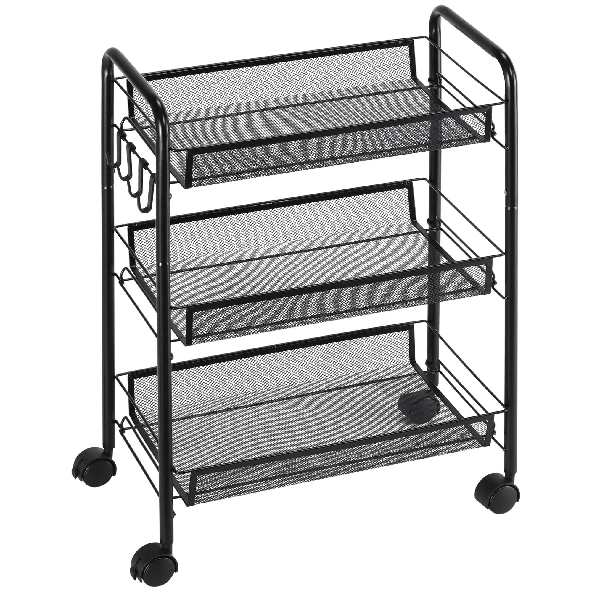 Carrinho de Cozinha em Aço com 3 Cestos e Rodas, Suporta 9 kg, Cozinha, Casa de Banho e Lavandaria 45x26,5x63 cm, Preto