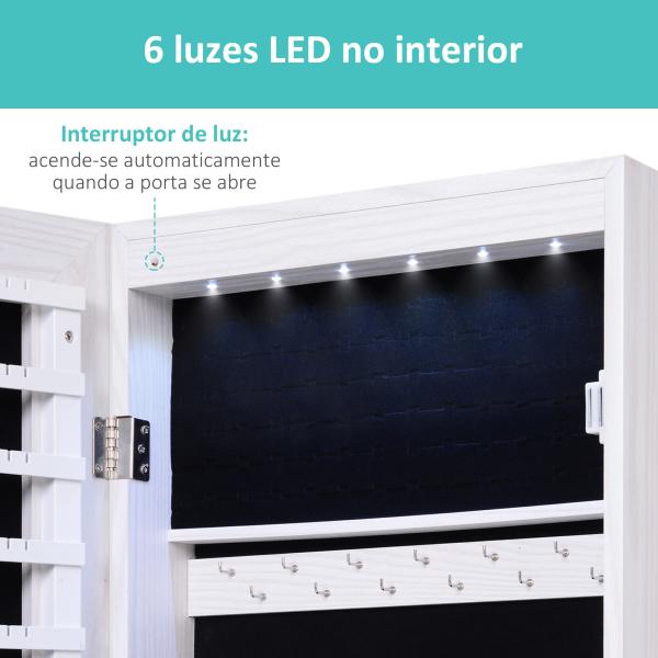 Espelho com Móvel de Bijuterias de Parede ou Porta Espelho de Parede com LED 5 Prateleiras 2 Gavetas pequenas e Fechadura 37x120x10cm Cinza Claro