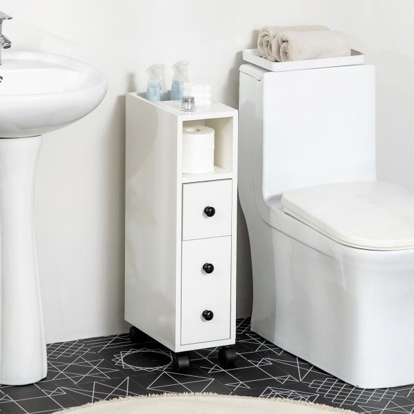 Armário de Casa de Banho Móvel Auxiliar para Espaço Reduzido com Rodas Prateleiras Abertas Armário e Gaveta 18x30x68,5cm Branco