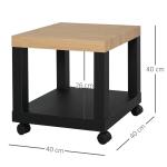 Mesa de Apoio para sofá mesa lateral com prateleira aberta Rodas 40x40x40 Preto e Madeira