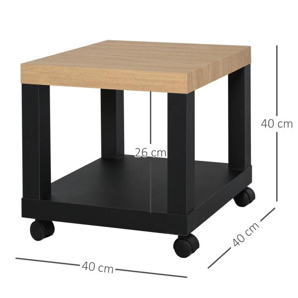 Mesa de Apoio para sofá mesa lateral com prateleira aberta Rodas 40x40x40 Preto e Madeira