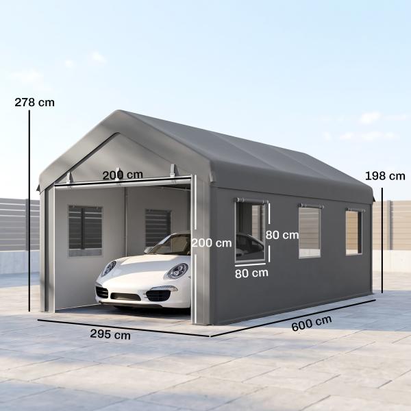 Tenda Garagem 295x600x278 cm Tenda de Exterior Resistente com 2 Portas Enroláveis e 6 Janelas Cinzento