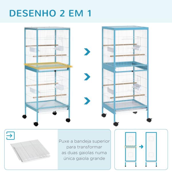 Gaiola para Pássaros com Rodas de 2 Níveis com Bandejas Removíveis Portas Comedouros Poleiros 51,5x50x140 cm Azul