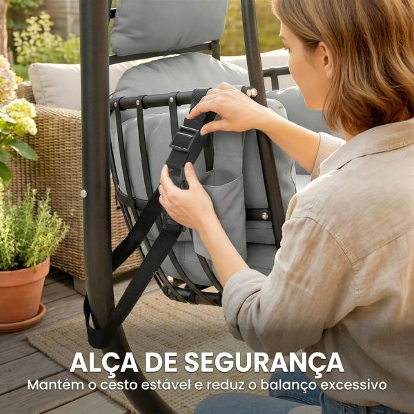 Cadeira Suspensa Tipo Ovo com Suporte Cesto Dobrável Apoio de Cabeça Almofada Bolso Lateral Capacidade 120 kg Cinzento Escuro
