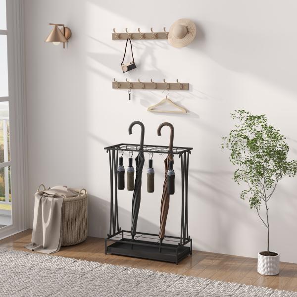 Suporte para Guarda - Chuva Moderno Retangular com 24 Ganchos 21 Espaços e Bandeja Recolhedora de Gotas 50x24x68 cm Preto