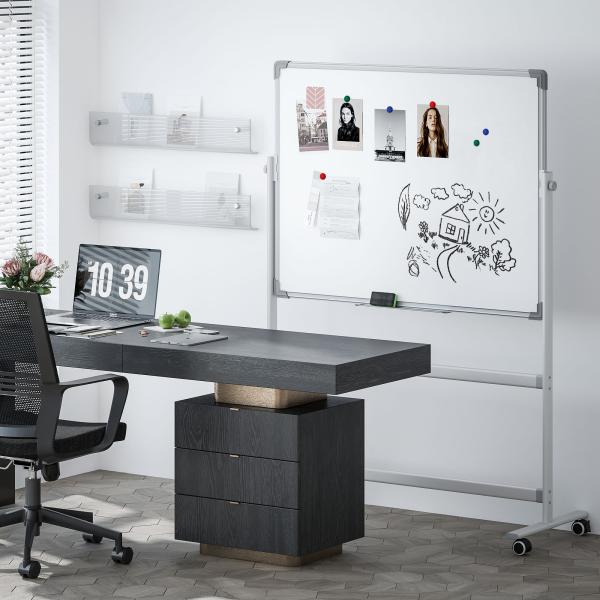 Quadro Magnético de Dupla Face 120x90 cm Quadro Branco Giratório com Suporte Ímanes Marcadores e Apagador Branco