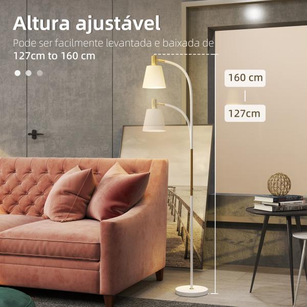 Candeeiro de Pé LED com Altura Ajustável Ecrã Interruptor para Sala de Estar Escritório Quarto 49x21x127 - 160 cm Branco e Dourado