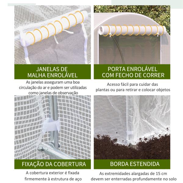 Estufa Tipo Túnel 400x200x200cm Estufa de Jardim com Portas Enroláveis e 6 Janelas Cobertura de PE 140 g/m² Estrutura de Metal para Cultivo de Plantas Verduras Branco