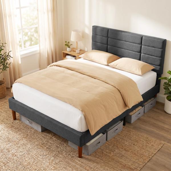 Cama Estofada 140x200 cm com Cabeceira Almofadada, Estrado de Ripas e Espaço Livre Inferior, Cinzento
