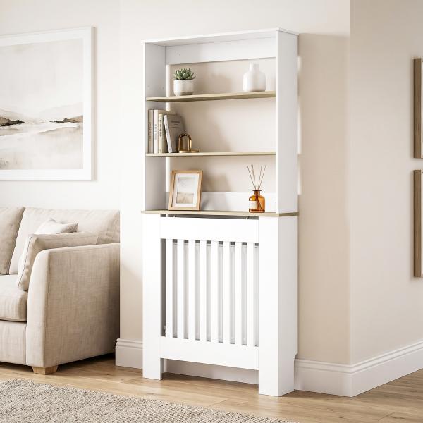 Cobre - radiador com Design Ripado, Estante de 3 Níveis, 78x19x165 cm, Branco e Carvalho