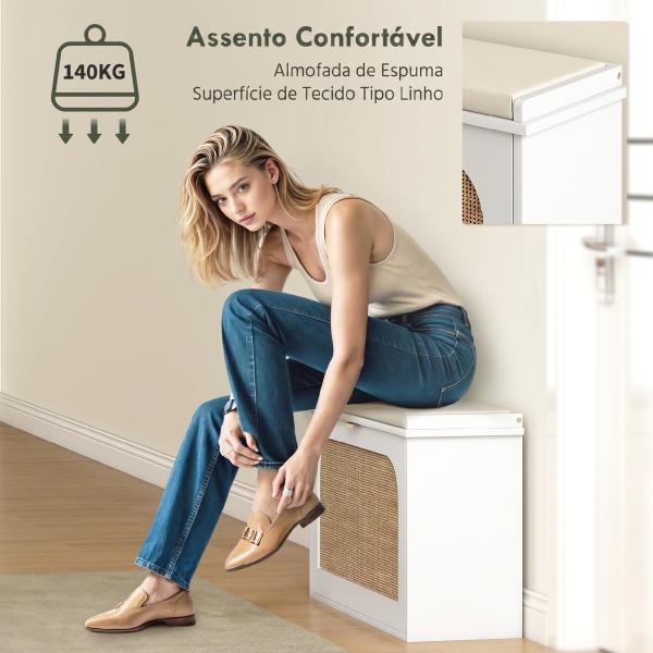 Banco para Sapatos Boho com Assento Acolchoado Porta de Rattan Gaveta Basculante Prateleira Ajustável 8 Pares 80x26x47,5 cm Branco