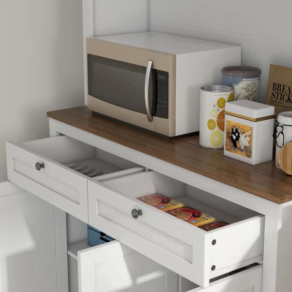 Armário de Cozinha com 3 Portas de Vidro Compartimento Aberto 2 Gavetas e Prateleiras Ajustáveis 100x40x180 cm Branco