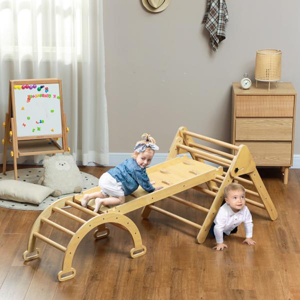 Triângulo de Escalada de Madeira 5 em 1 Escada para Crianças de 18 - 48 Meses com Rampa e Arco de Escalada 178x64,5x63 cm Madeira