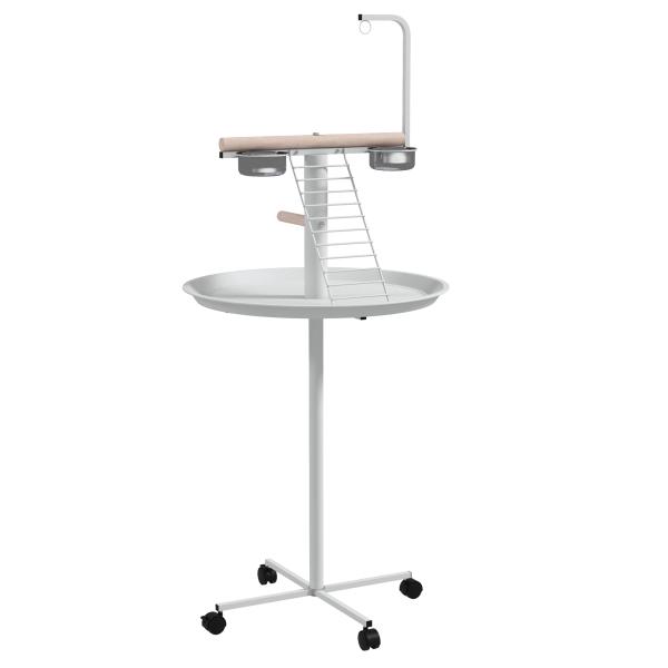 Comedouro para Pássaros em Pé Ø60x138 cm com 4 Rodas 2 Recipientes de Aço Inoxidável e 2 Poleiros Branco