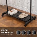 Charriot com Rodas com Barra de Aço Inoxidável e Prateleira para Sapatos Altura Ajustável 94 - 159x42x93 - 168 cm Preto
