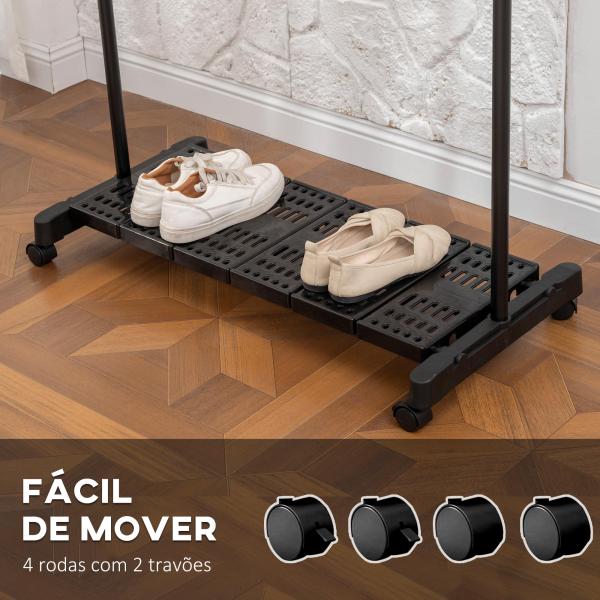 Charriot com Rodas com Barra de Aço Inoxidável e Prateleira para Sapatos Altura Ajustável 94 - 159x42x93 - 168 cm Preto