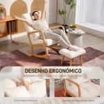Poltrona de Baloiço com Apoio para os Pés Estofado em Bouclé com Almofada Acolchoada Encosto Ergonómico Apoios de Braços e Pés de Madeira 64,5x82x89 cm Branco
