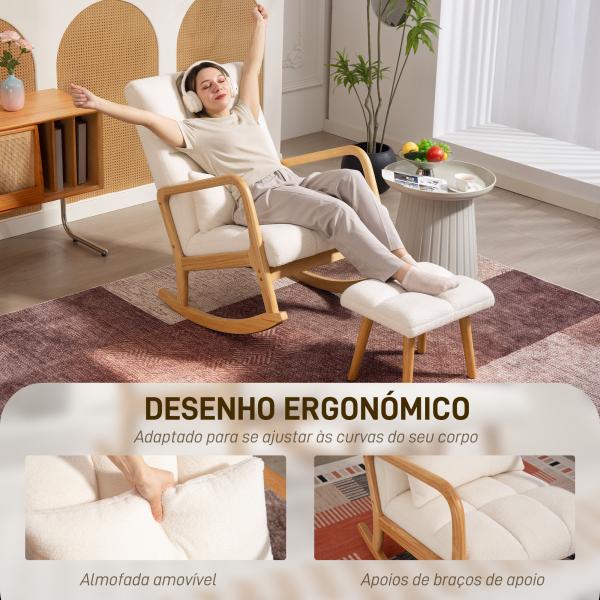 Poltrona de Baloiço com Apoio para os Pés Estofado em Bouclé com Almofada Acolchoada Encosto Ergonómico Apoios de Braços e Pés de Madeira 64,5x82x89 cm Branco