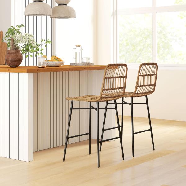 Conjunto de 2 Bancos Altos de Cozinha Bancos de Bar com Encosto e Assento em Vime Sintético 43x56x101 cm Marrom Claro