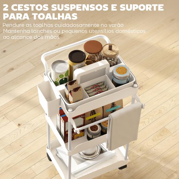 Carrinho Auxiliar com Rodas de 3 Níveis com Cestos Extraíveis Suporte para Toalhas e Estrutura de Metal 42x42,5x76 cm Branco