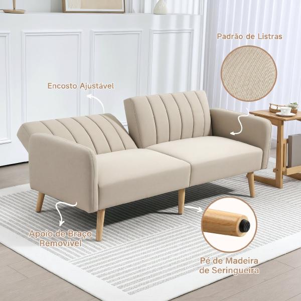 Sofá - cama de 2 Lugares em Linho Sintético com Encosto Ajustável e Braços Desmontáveis 173x75x73 cm Bege