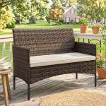 Sofá de Exterior em Rattan de 2 Lugares Sofá de Jardim com Almofada Lavável Estrutura de Aço para Varanda Caqui