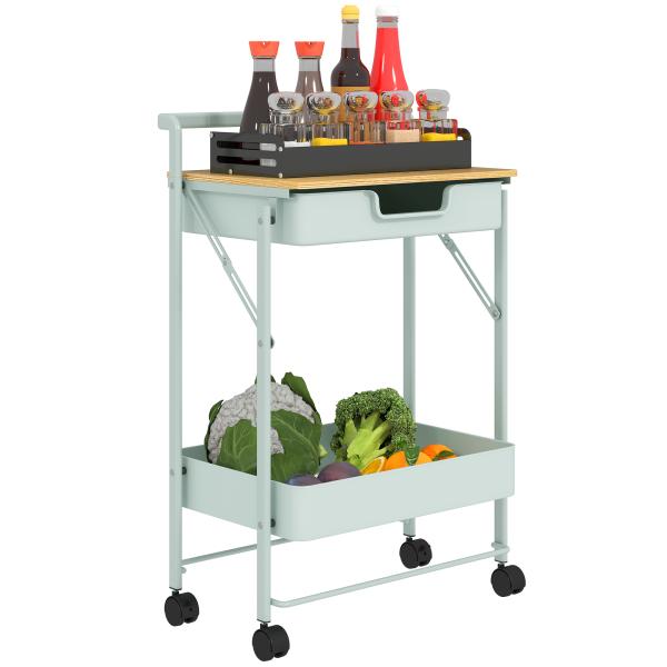 Carrinho Auxiliar com Rodas de 2 Níveis Carrinho de Cozinha com 1 Gaveta e 1 Cesto Carrinho Organizador 45x29,5x68 cm Verde Claro