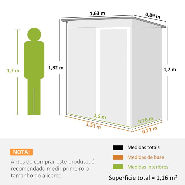 Abrigo de Jardim Exterior 1,5 m² 163x89x182 cm Abrigo Metálico para Ferramentas com Porta de Correr e Teto Inclinado Preto