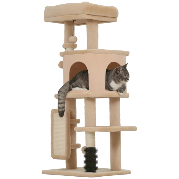 Arranhador para Gatos Grande Altura 104 cm com Plataformas Postes com Escova Bolas Suspensas e Almofadas para Arranhar Bege