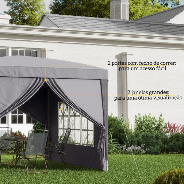 Tenda de Jardim com Paredes Laterais Amovíveis Janelas Porta com Fecho de Correr e Bolsa de Transporte 295x295x196 - 258 cm Cinzento