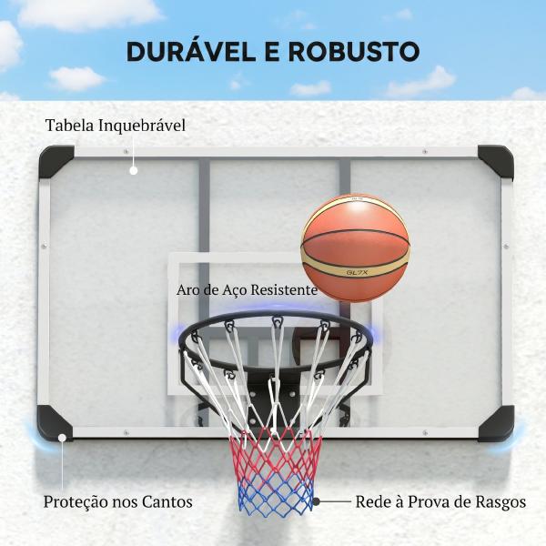 Tabela de Basquetebol de Parede com Aro, Rede e Estrutura em Aço para Exterior, 113x61x73 cm, Branco e Preto