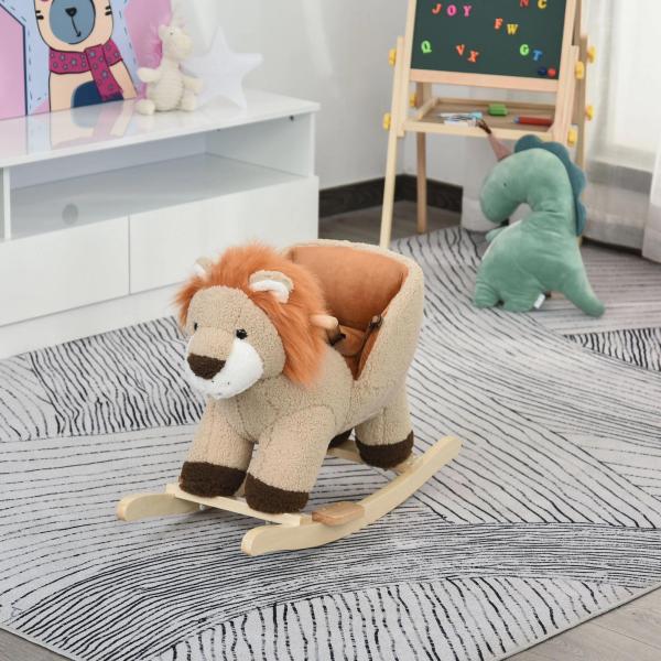 Baloiço Infantil em Forma de Leão de Pelúcia para Bebés 18 - 39 Meses com Som Cinto de Segurança Guidão Apoio para os Pés 68x35x50cm Marrom