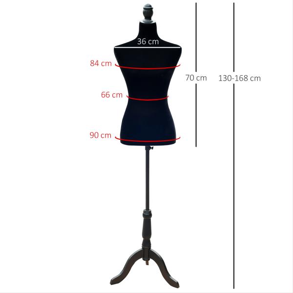Manequim de Costura Feminino Manequim de Costura Ajustável a 130 - 168 cm com Tripé de Madeira Preto